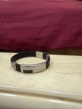 Men's Black Leather and Silver Accent Bracelet